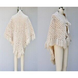 Vintage Ivory Wool Poncho Shawl Throw Cloak - Hand Knitted Wool Poncho Shawl